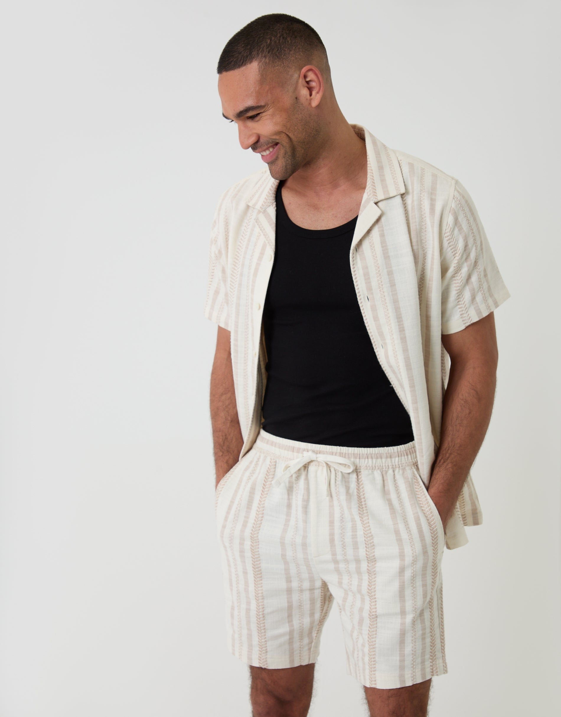 Stone Shorter Length Geometric Stripe Textured Cotton Shorts