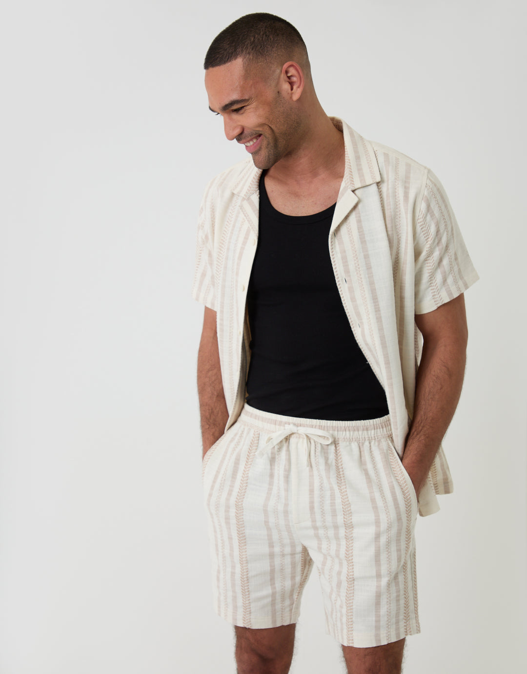 Threadbare Shorter Length Geometric Stripe Textured Cotton Shorts in Stone - full outfit view