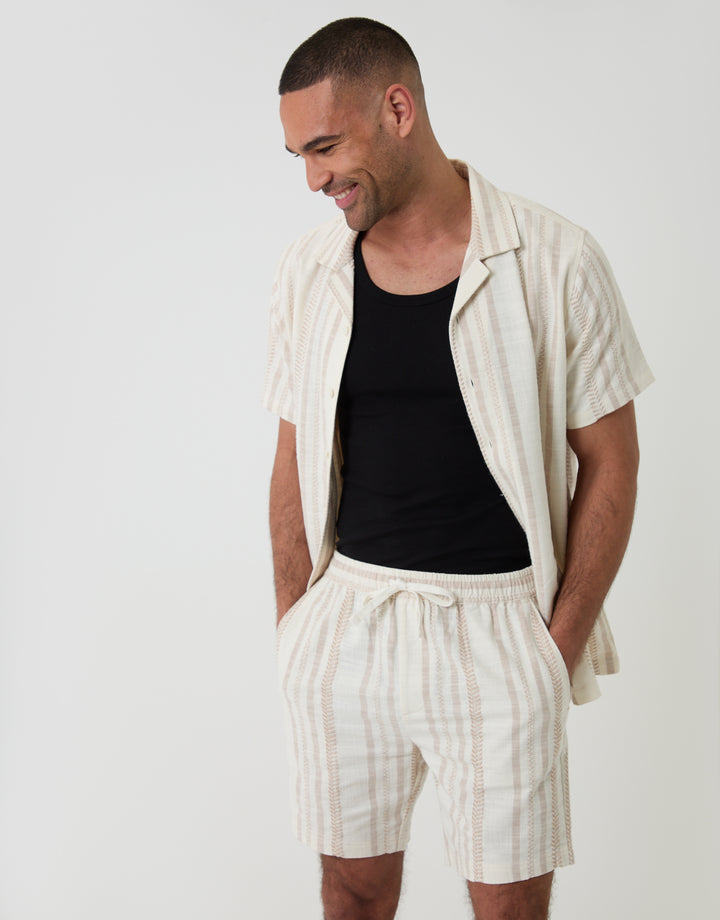 Threadbare Shorter Length Geometric Stripe Textured Cotton Shorts in Stone - full outfit view