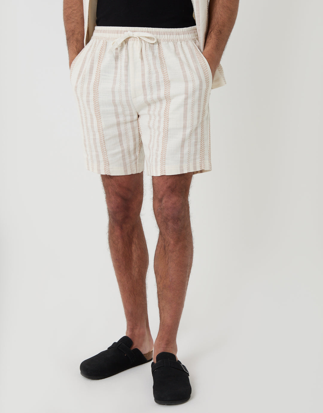 Threadbare Shorter Length Geometric Stripe Textured Cotton Shorts in Stone - front view