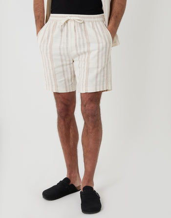 Shorter Length Geometric Stripe Textured Cotton Shorts in Stone - front view