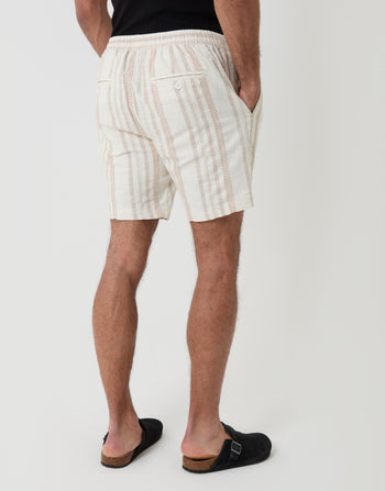 Shorter Length Geometric Stripe Textured Cotton Shorts in Stone - back view