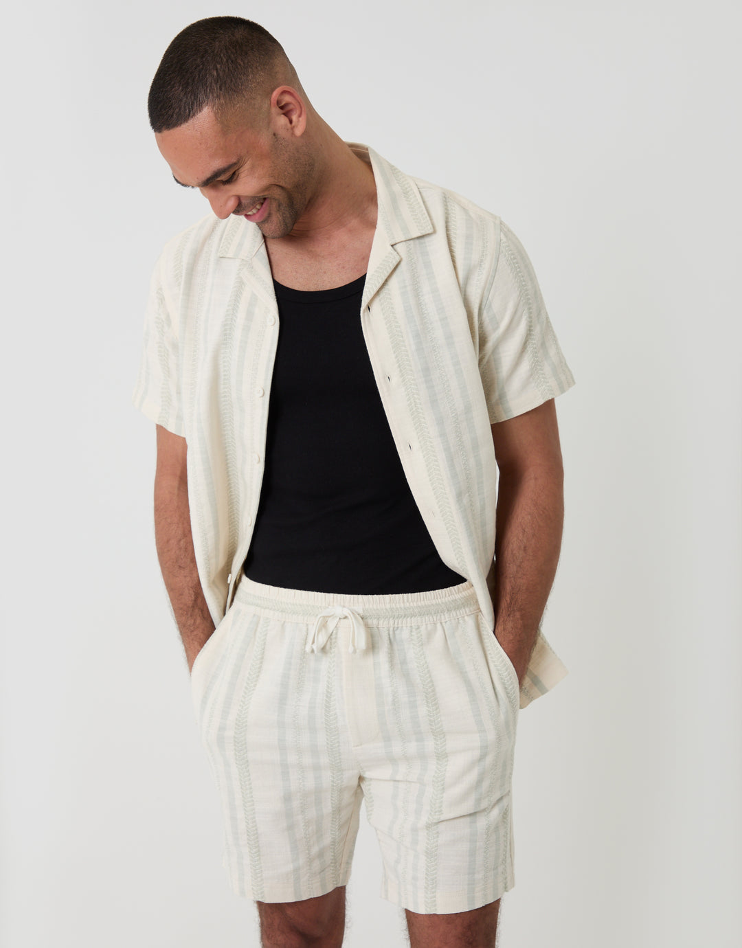 Threadbare Shorter Length Geometric Stripe Textured Cotton Shorts in Sage Green - full outfit view open shirt
