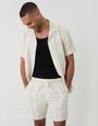 Threadbare Shorter Length Geometric Stripe Textured Cotton Shorts in Sage Green - full outfit view open shirt