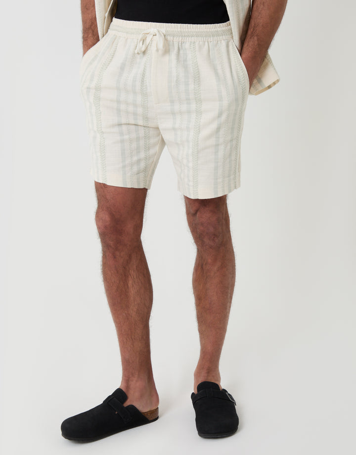 Threadbare Shorter Length Geometric Stripe Textured Cotton Shorts in Sage Green - front view