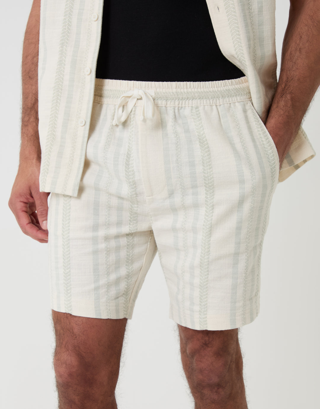 Threadbare Shorter Length Geometric Stripe Textured Cotton Shorts in Sage Green - front detail view