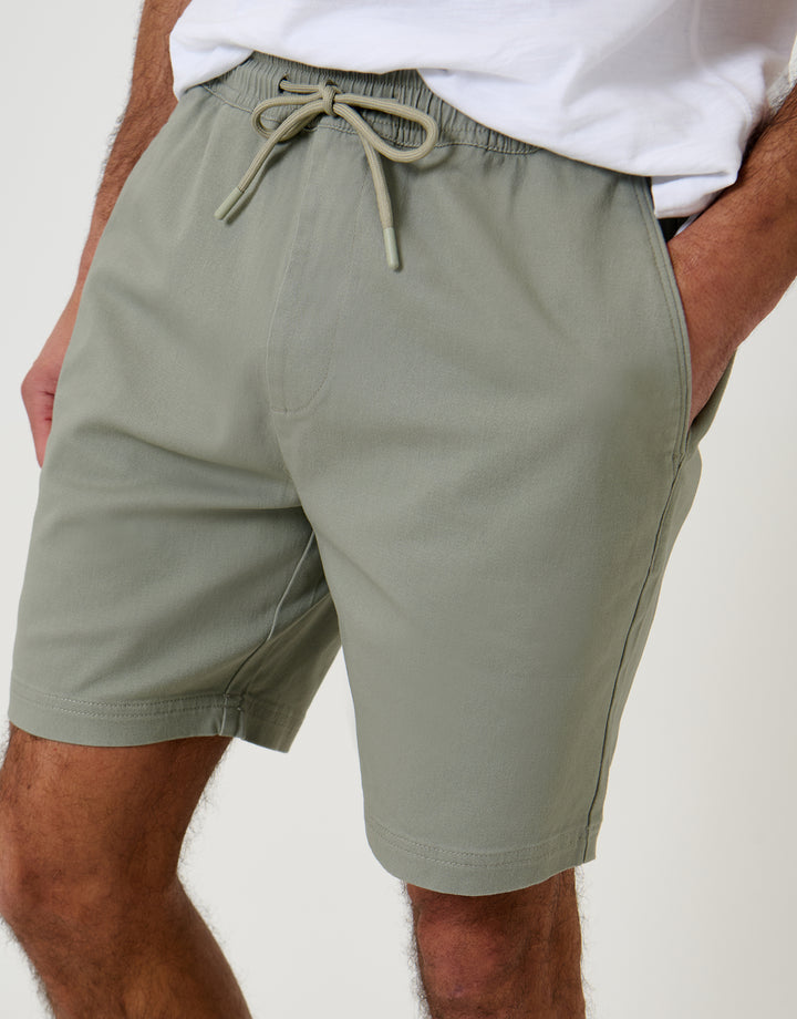 Threadbare Shorter Length Elasticated Waist Stretch Chino Shorts in Sage Green - front view close up