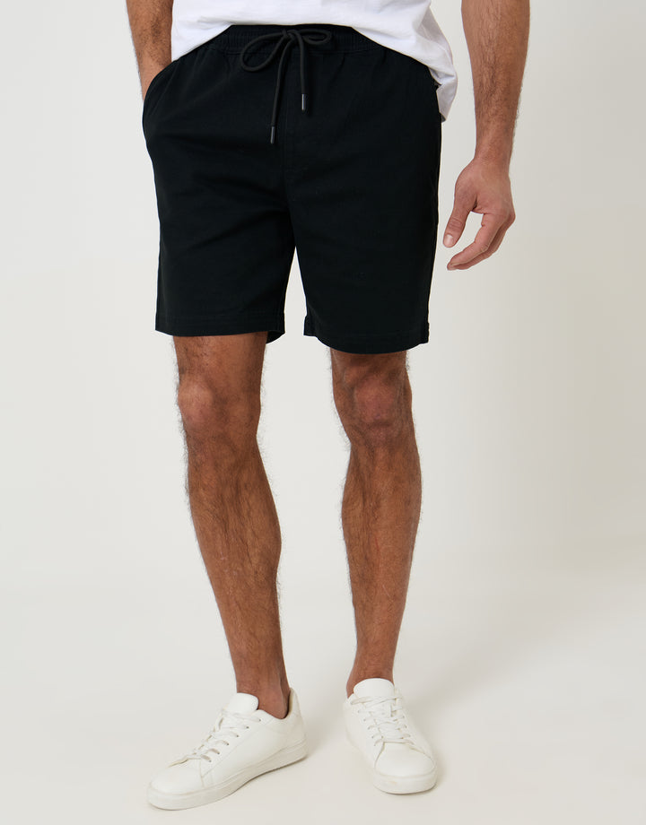 Threadbare Shorter Length Elasticated Waist Stretch Chino Shorts in Black - front view