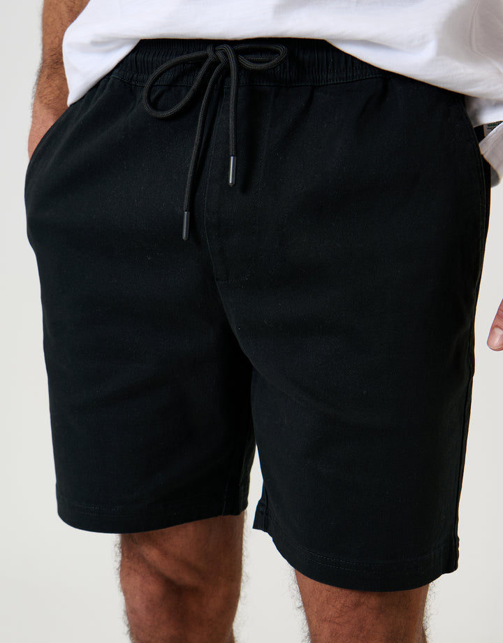 Threadbare Shorter Length Elasticated Waist Stretch Chino Shorts in Black - front view close up