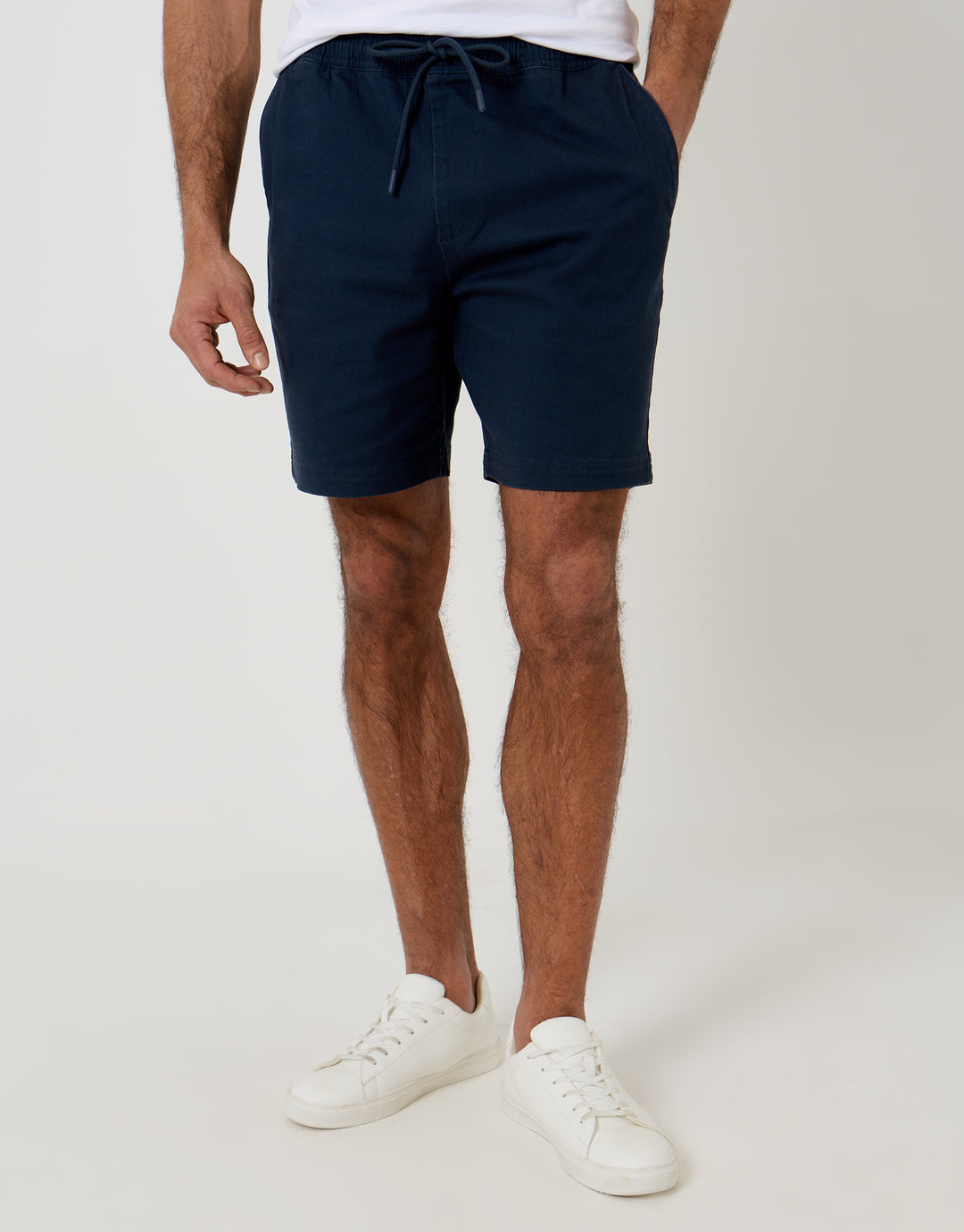 Threadbare Shorter Length Elasticated Waist Stretch Chino Shorts in Navy - front view