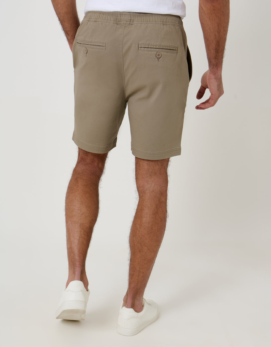Threadbare Shorter Length Elasticated Waist Stretch Chino Shorts in Taupe - back view