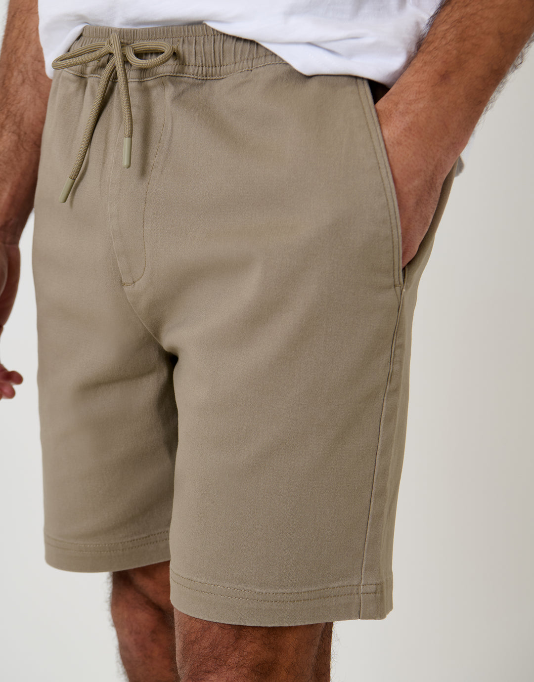 Threadbare Shorter Length Elasticated Waist Stretch Chino Shorts in Taupe - front view close up