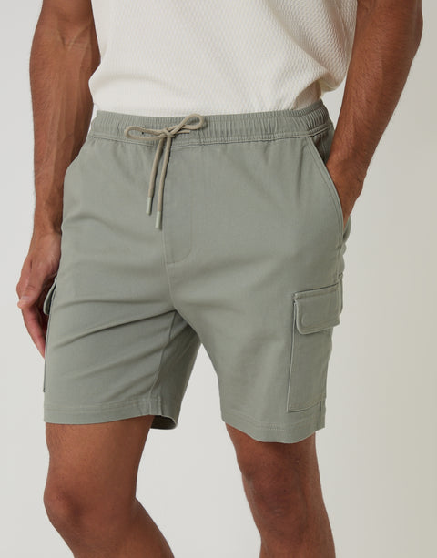 Threadbare Shorter Length Elasticated Waist Stretch Cargo Shorts in Sage Green - front view close up