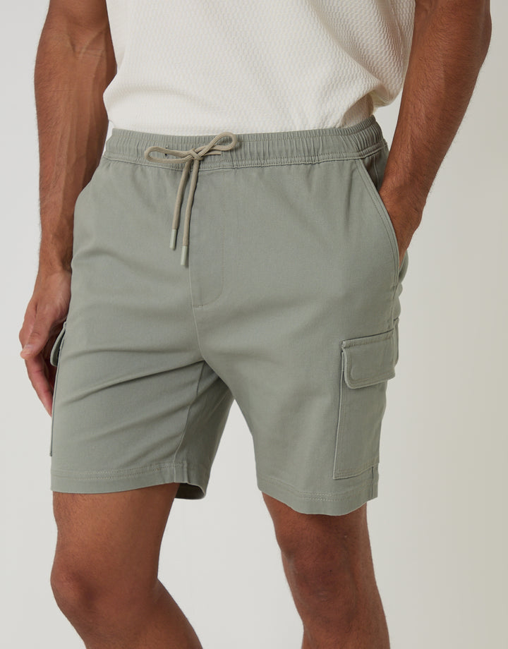Threadbare Shorter Length Elasticated Waist Stretch Cargo Shorts in Sage Green - front view close up