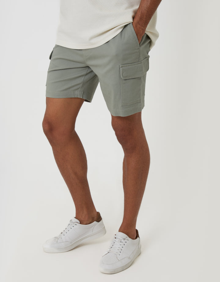Threadbare Shorter Length Elasticated Waist Stretch Cargo Shorts in Sage Green - pockets close up
