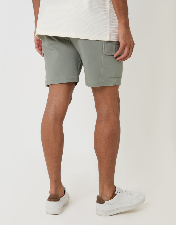 Threadbare Shorter Length Elasticated Waist Stretch Cargo Shorts in Sage Green - back view