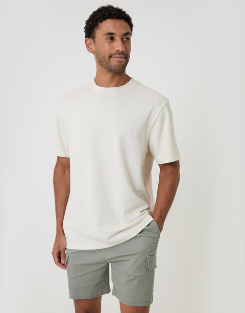 Threadbare Shorter Length Elasticated Waist Stretch Cargo Shorts in Sage Green - T-shirt pairing
