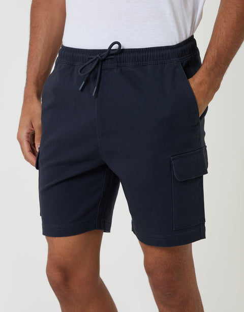 Threadbare Shorter Length Elasticated Waist Stretch Cargo Shorts in Navy - front view close up