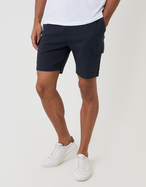 Threadbare Shorter Length Elasticated Waist Stretch Cargo Shorts in Navy - front view