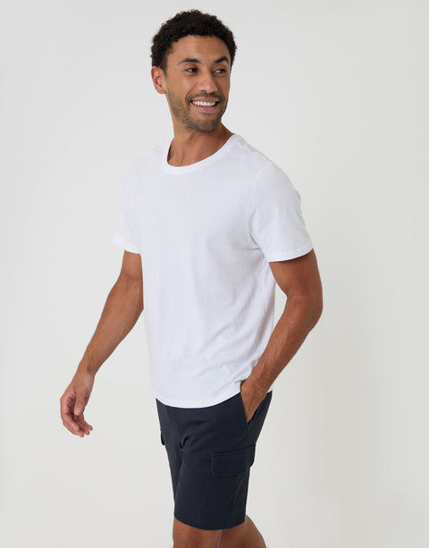 Threadbare Shorter Length Elasticated Waist Stretch Cargo Shorts in Navy - T-shirt pairing