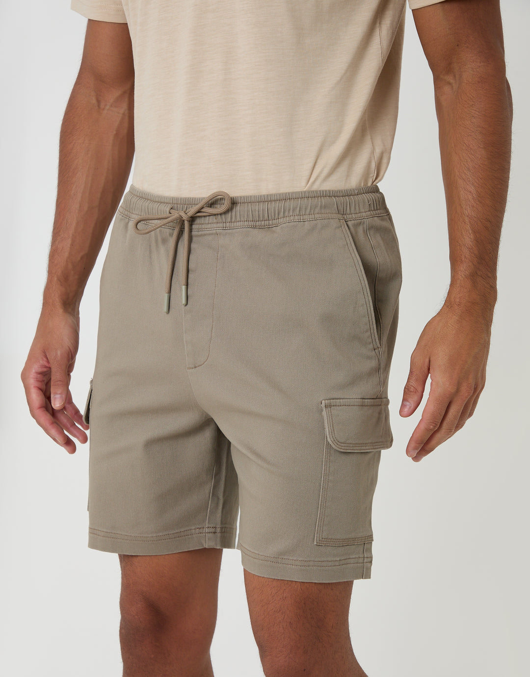 Threadbare Shorter Length Elasticated Waist Stretch Cargo Shorts in Taupe - front view close up