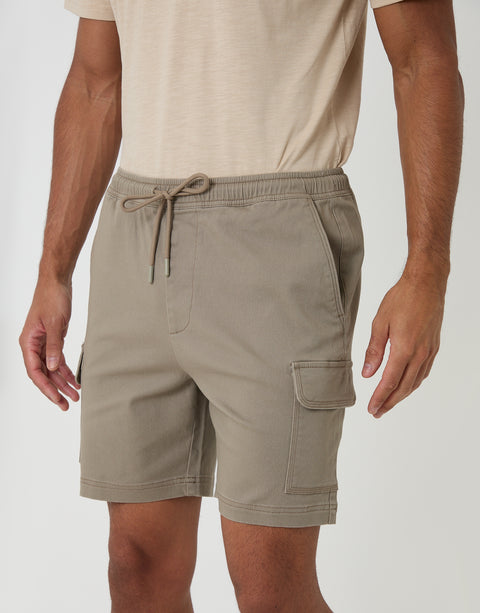 Threadbare Shorter Length Elasticated Waist Stretch Cargo Shorts in Taupe - front view close up