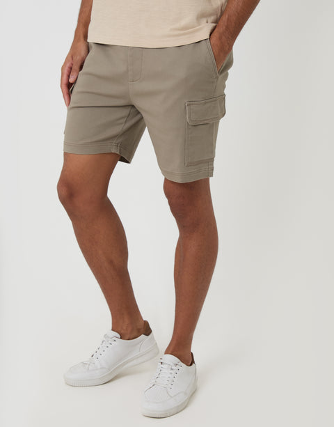 Threadbare Shorter Length Elasticated Waist Stretch Cargo Shorts in Taupe - front view