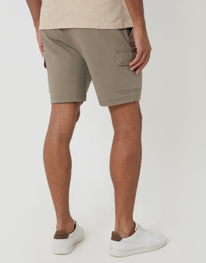 Threadbare Shorter Length Elasticated Waist Stretch Cargo Shorts in Taupe - back view