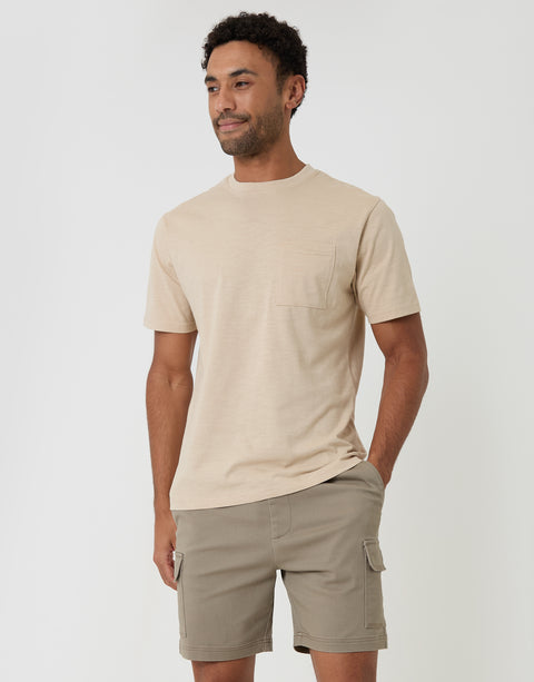 Threadbare Shorter Length Elasticated Waist Stretch Cargo Shorts in Taupe - T-shirt pairing