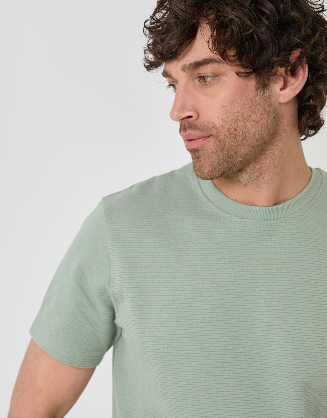 Threadbare Textured Crew Neck T-Shirt in Sage Green - close up