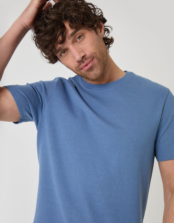 Threadbare Textured Crew Neck T-Shirt in Denim Blue - close up