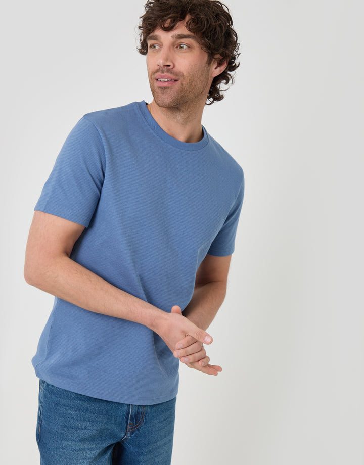 Threadbare Textured Crew Neck T-Shirt in Denim Blue - close up