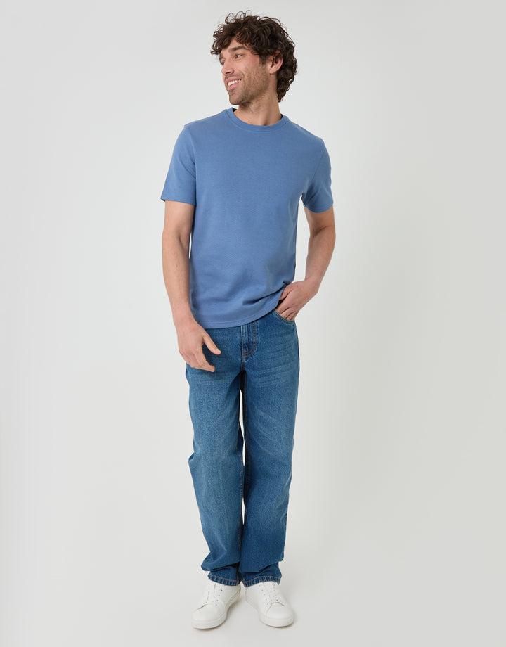 Threadbare Textured Crew Neck T-Shirt in Denim Blue - full body