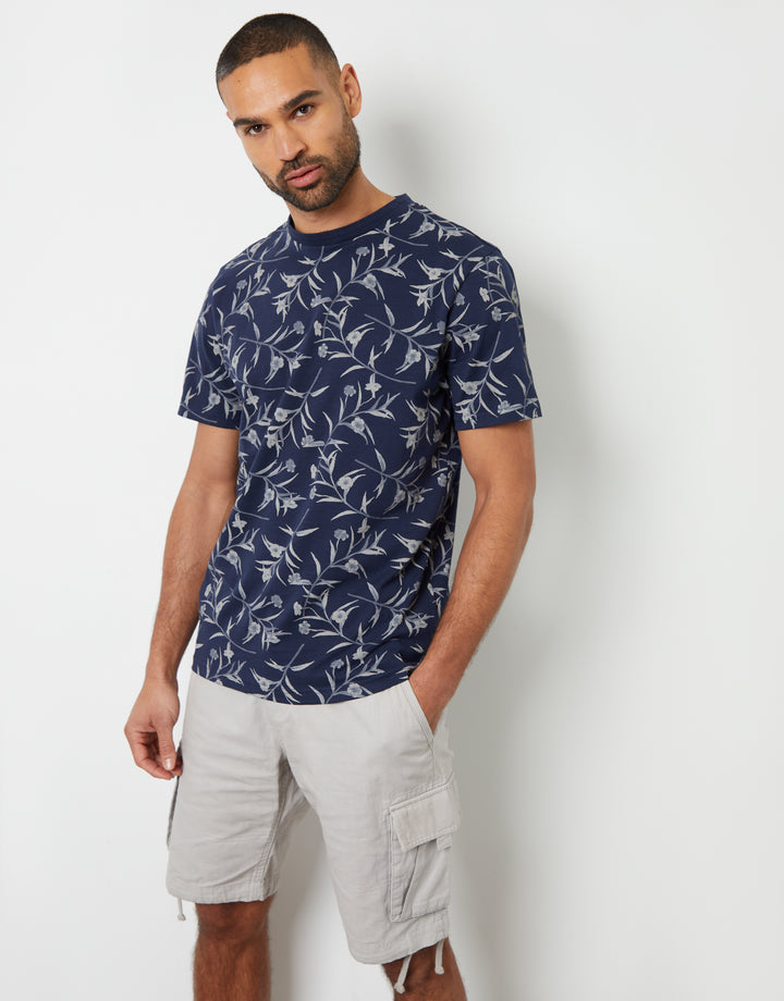 Navy Floral Print Crew Neck T-Shirt