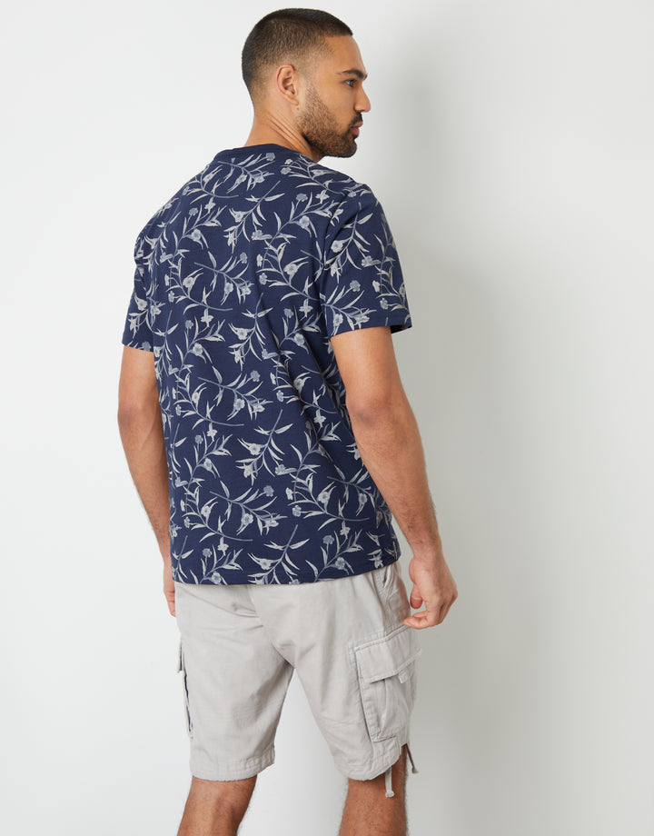 Navy Floral Print Crew Neck T-Shirt
