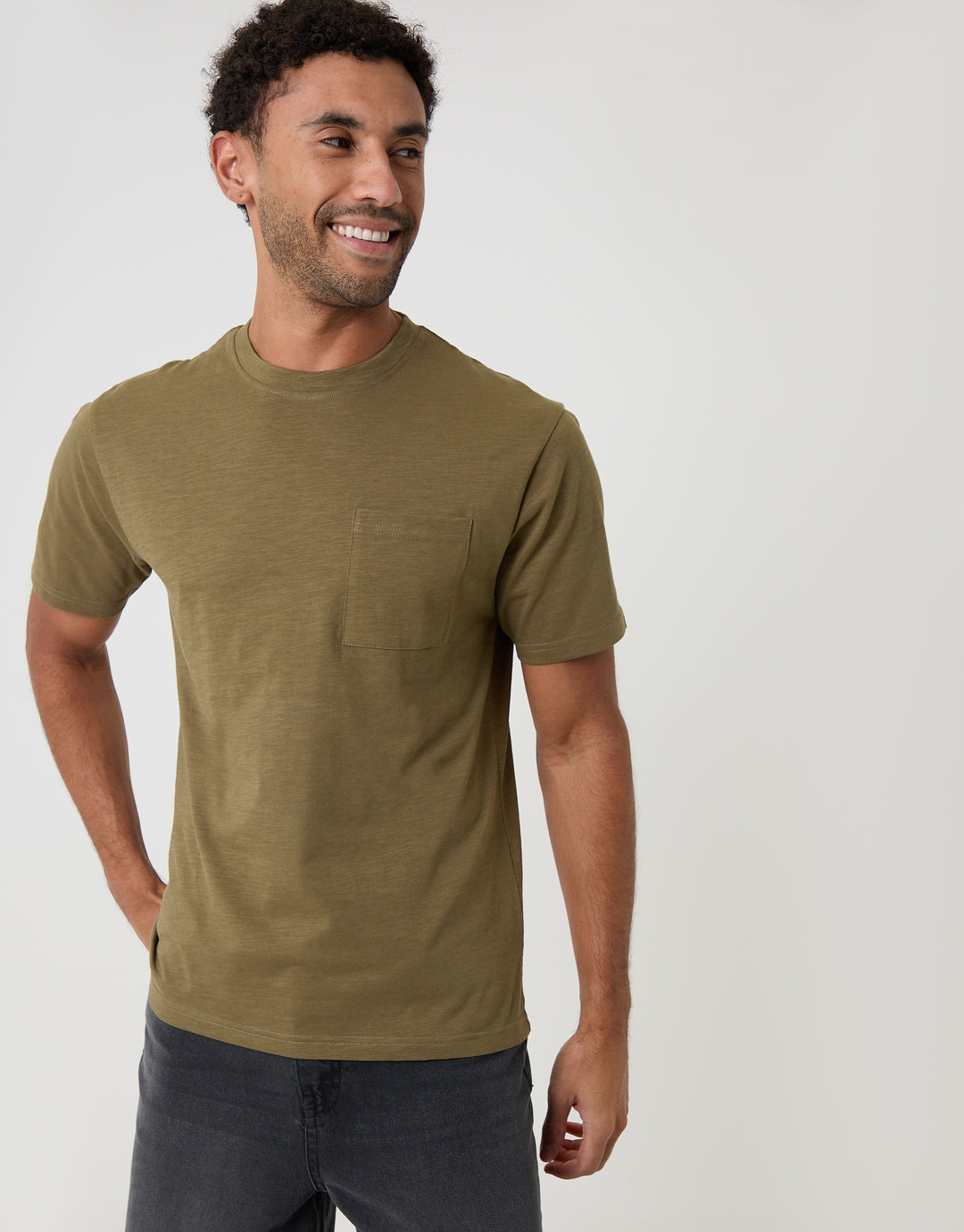 Threadbare Jersey Slub Short Sleeve T-Shirt in Khaki Green - front view