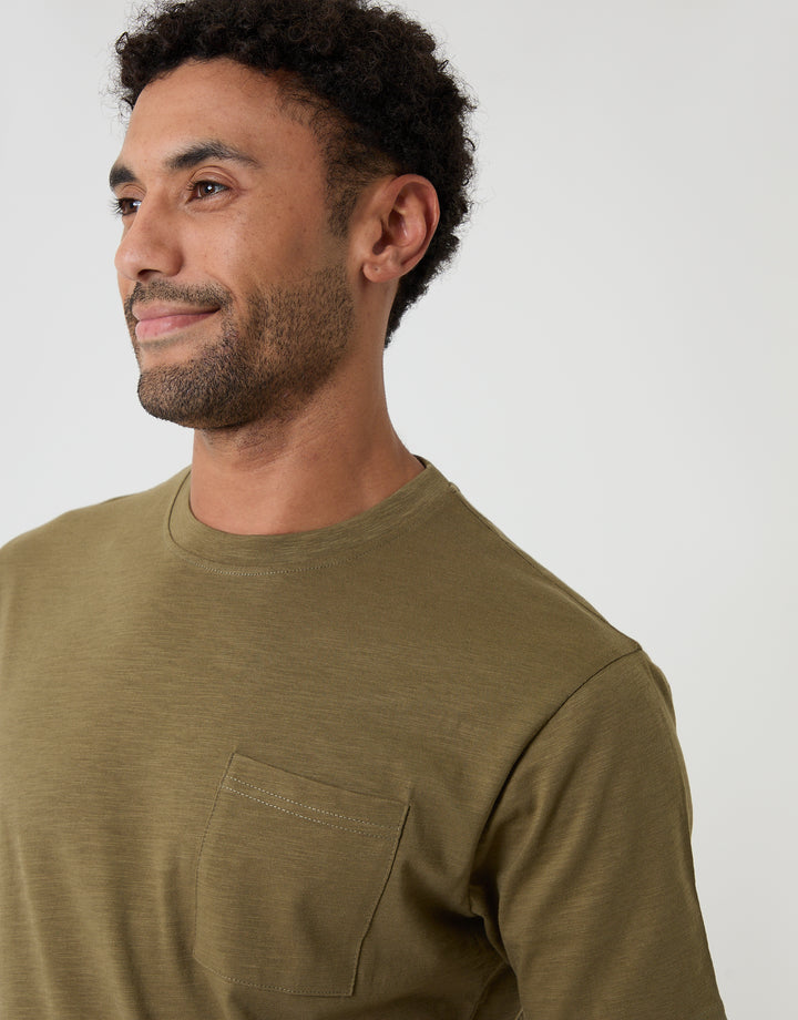 Threadbare Jersey Slub Short Sleeve T-Shirt in Khaki Green - pocket close up