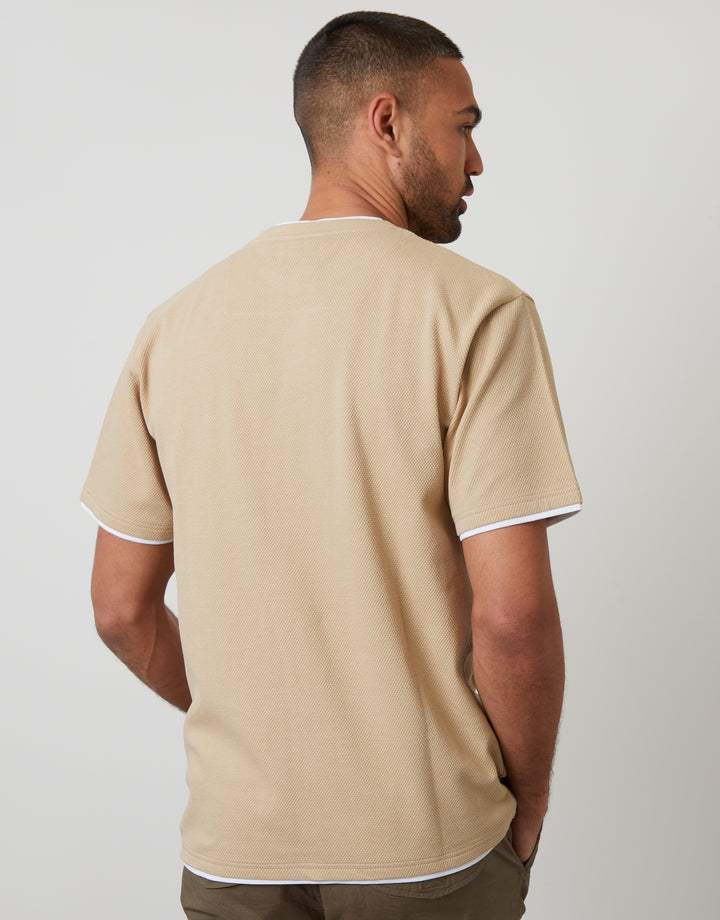 Dark Stone Mock Layer Crew Neck Popcorn Textured T-Shirt