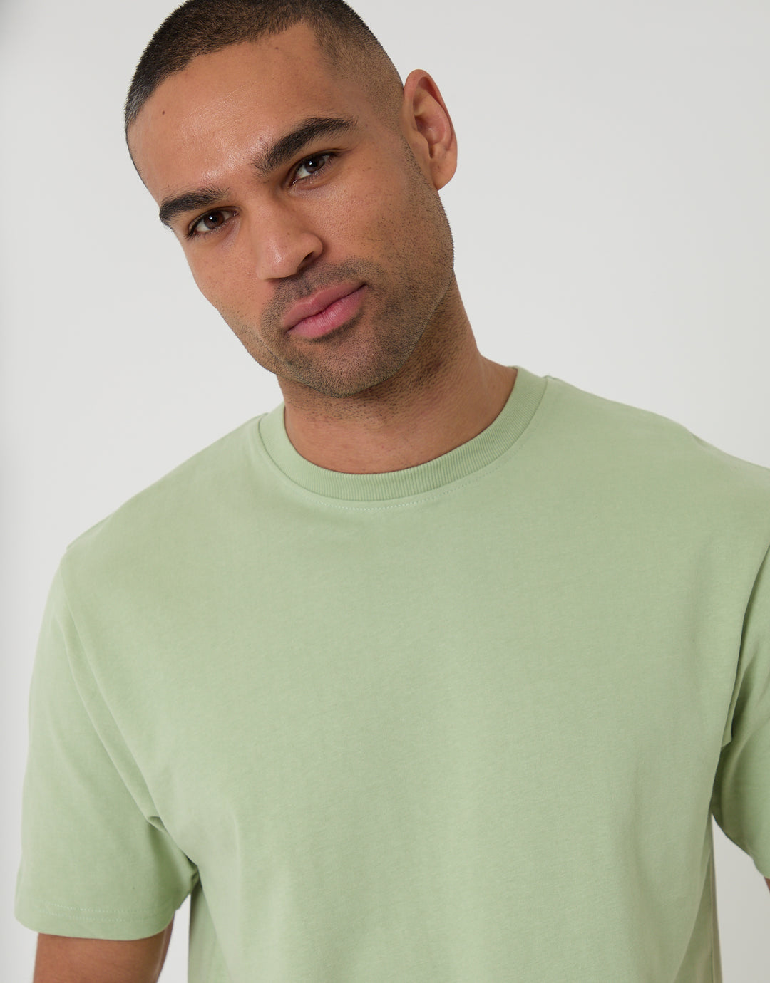 Threadbare Peached Cotton Crew Neck T-Shirt in Sage Green - front view close up