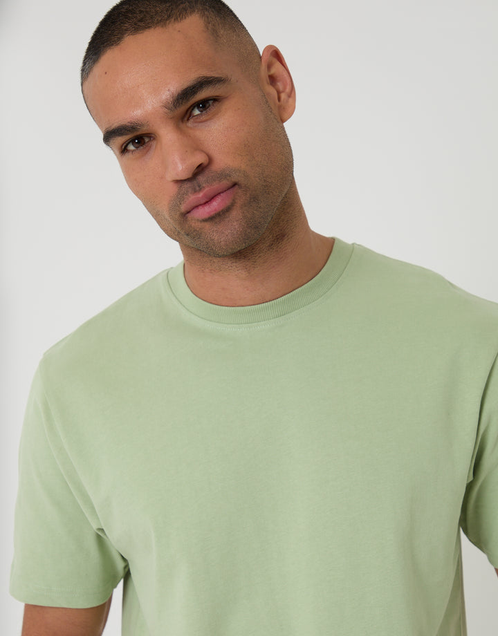 Threadbare Peached Cotton Crew Neck T-Shirt in Sage Green - front view close up