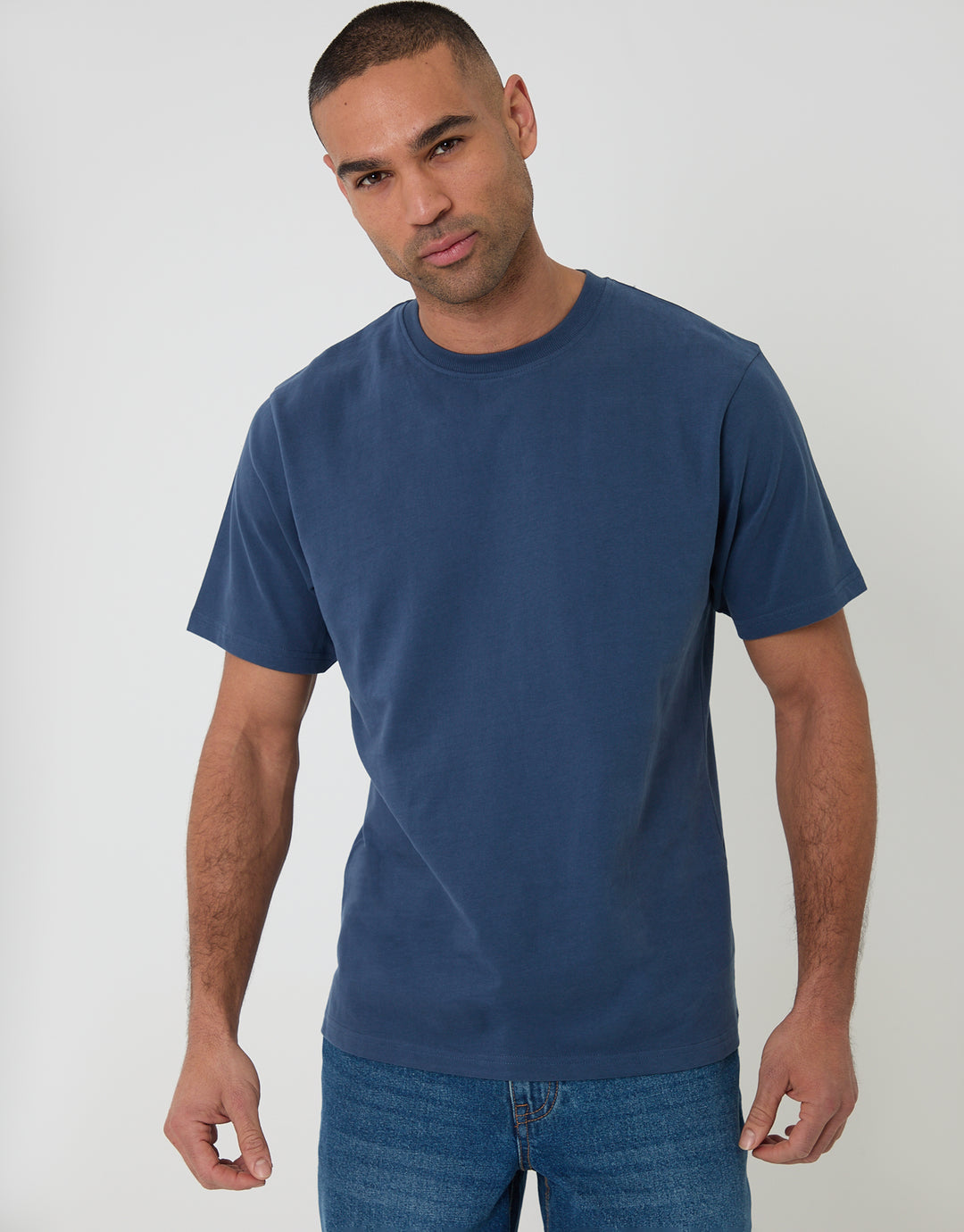 Threadbare Peached Cotton Crew Neck T-Shirt in Denim Blue - front view