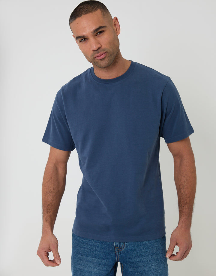 Threadbare Peached Cotton Crew Neck T-Shirt in Denim Blue - front view