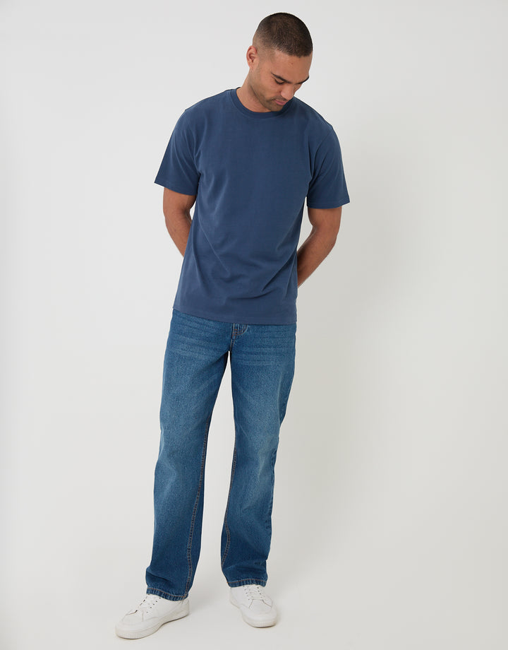 Threadbare Peached Cotton Crew Neck T-Shirt in Denim Blue - full body