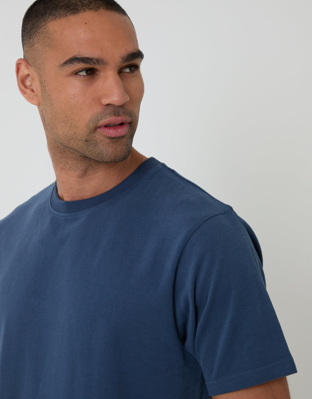 Threadbare Peached Cotton Crew Neck T-Shirt in Denim Blue - neckline close up