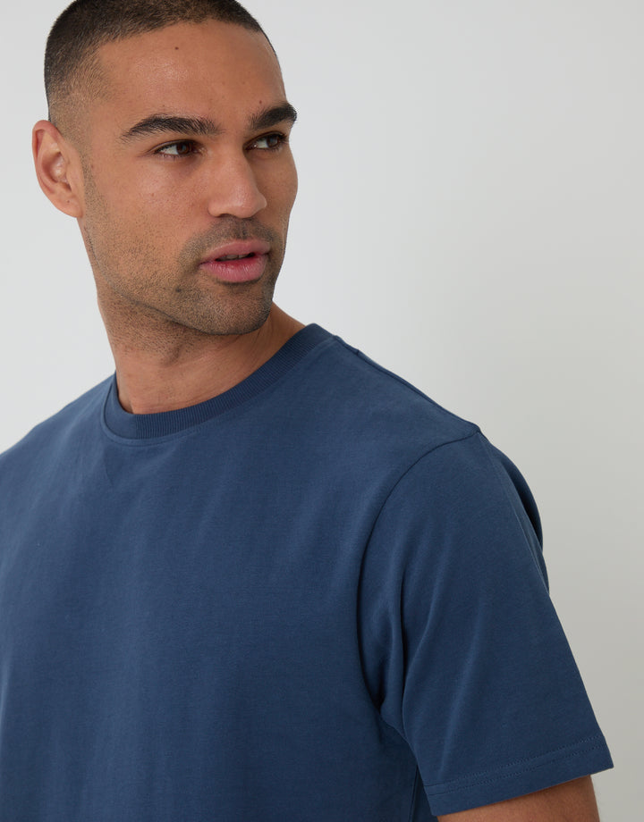 Threadbare Peached Cotton Crew Neck T-Shirt in Denim Blue - neckline close up