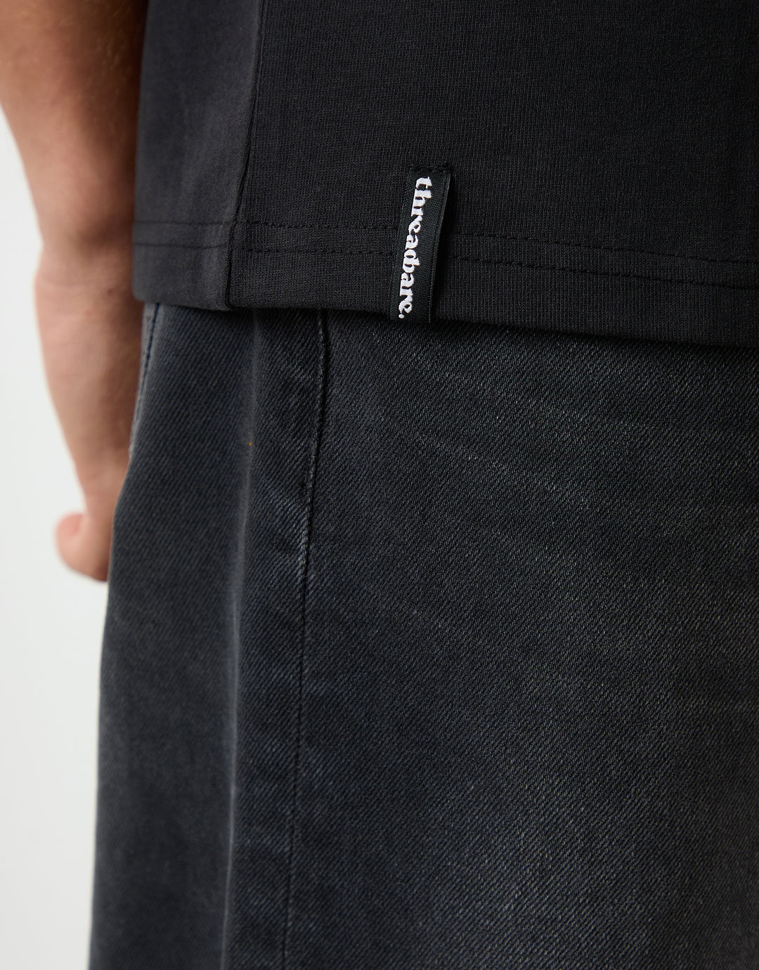 Threadbare Peached Cotton Crew Neck T-Shirt in Black - hem label close up