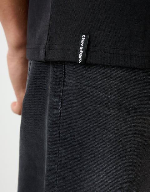 Threadbare Peached Cotton Crew Neck T-Shirt in Black - hem label close up