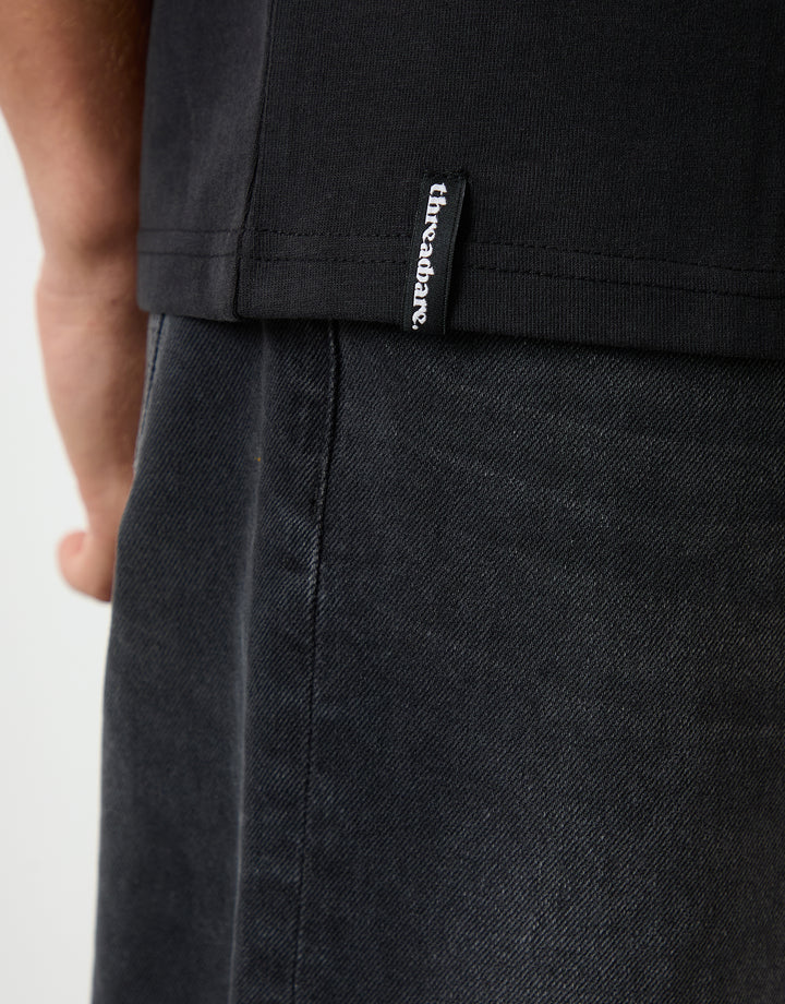 Threadbare Peached Cotton Crew Neck T-Shirt in Black - hem label close up