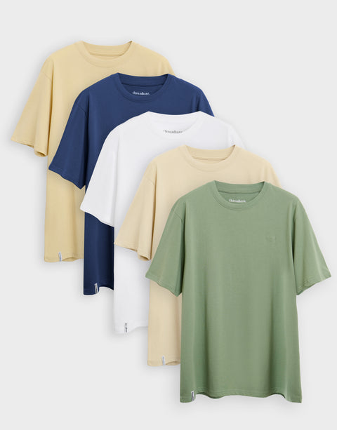 Threadbare 5 Pack Cotton Crew Neck T-Shirts in Almond, Denim Blue, White, Stone & Sage Green - 5-pack flat lay