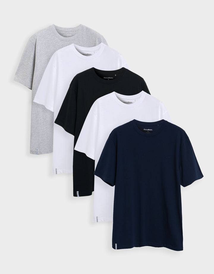 Threadbare 5 Pack Cotton Crew Neck T-Shirts in Grey Marl, White, Black & Navy - flat shot